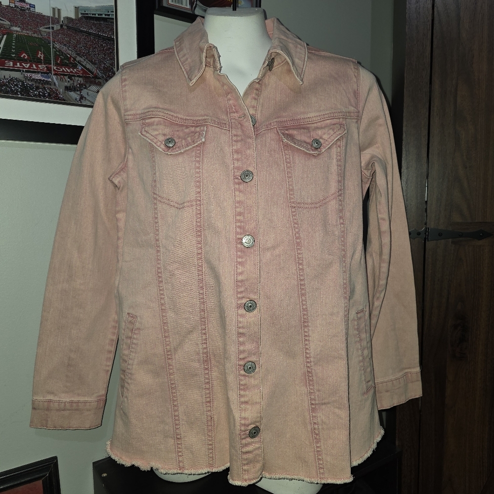 LOGO by Lori Goldstein Pink Denim Jacket with Frayed Bottom Size 6